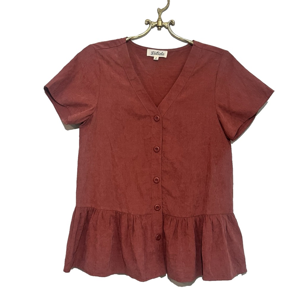 Listicle Woman's Small Boutique Rust Peplum Top Buttons Casual